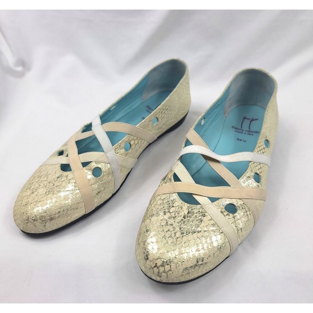 Thierry Rabotin Womens Gold Metallic Snakeskin Elastic Strap Ballet Flats 39.5 - Picture 2 of 8